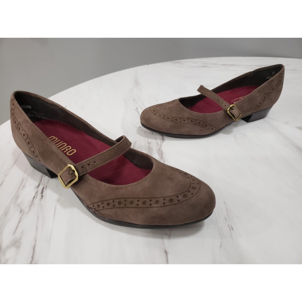NEW NO BOX Munro 7 NARROW‎ Brown Suede Monk Strap Mary Jane Wedges Women's Shoes